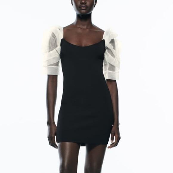 Zara Dresses & Skirts - ZARA Voluminous Balloon Organza Sleeve Mini Dress Knit Size Small